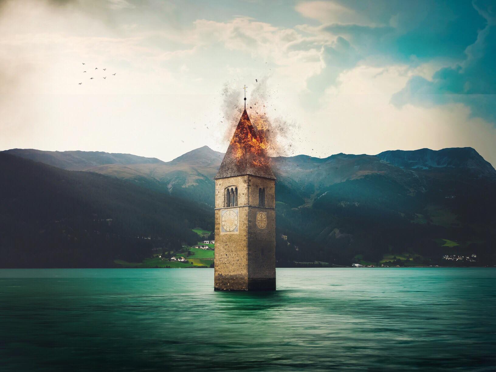 Image of castle tower in a flood and on fire