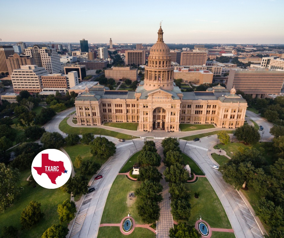 Picture of Texas state capitol with TXARC logo